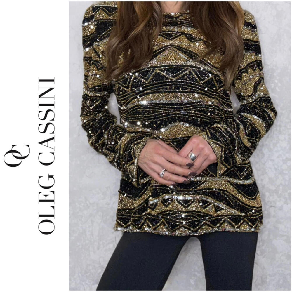 Vintage BLACK TIE OLEG CASSINI Oleg | SZ M | Embellished Beaded Sequin Silk Top - Picture 1 of 11